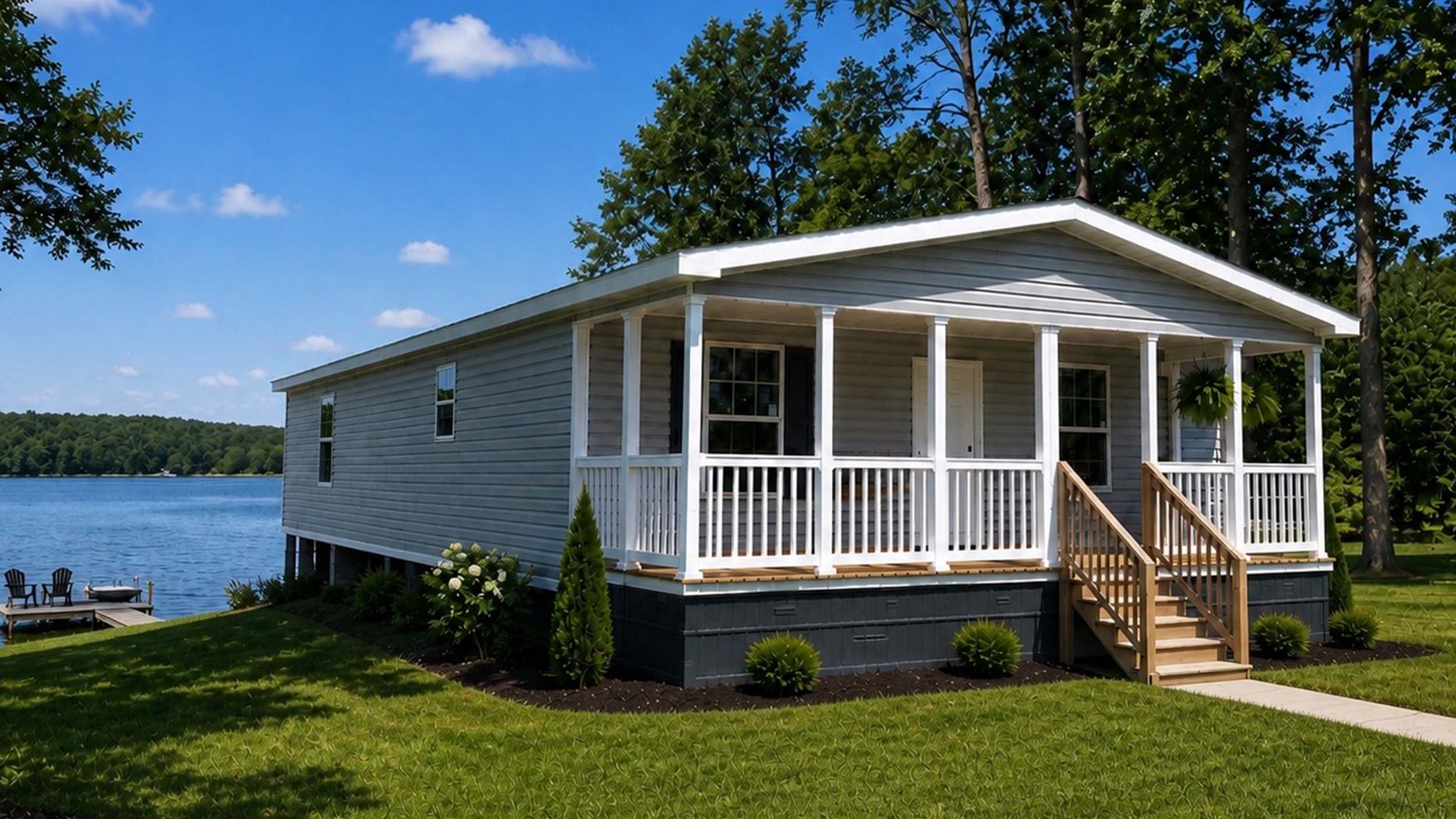 Light gray manufactured home with a welcoming front porch, set on a grassy lawn near a lake, surrounded by trees in the background.